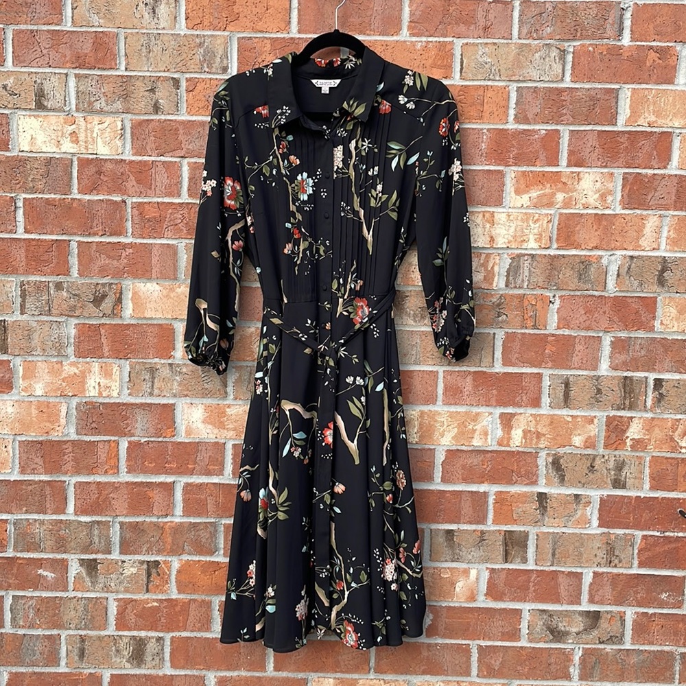 Nanette by Nanette Lepore Black Floral Pin tuck Dress Size 10 Tie Waist Buttons - Picture 2 of 14